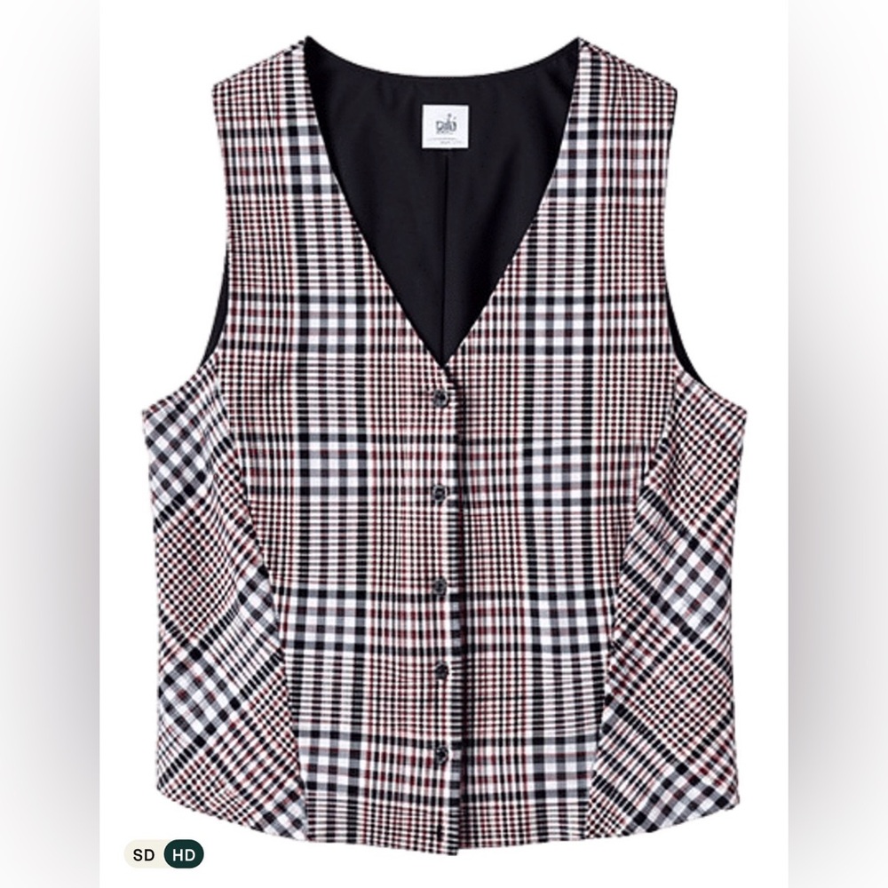 CAbi Plaid Button-Front Vest in Black, White & Brown